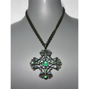Vintage 1950s Ornate Filigree Cross Pendant Double Chain Rhinestones Necklace